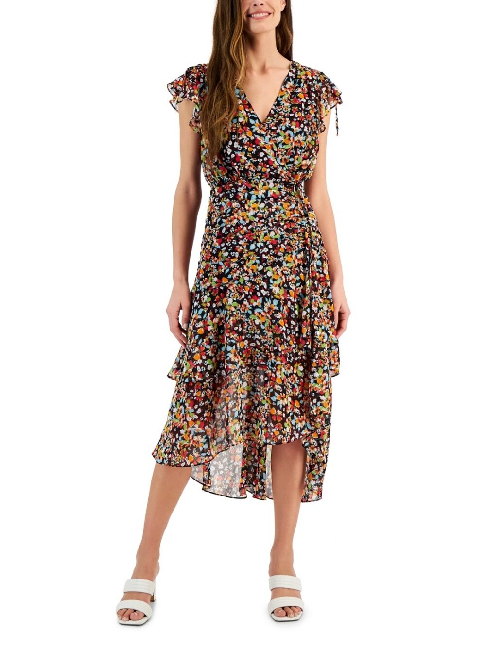 NWT Tahari ASL Floral Dress Size 12 Multicolor Floral Hilo Flutter Sleeve Cinch